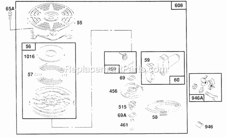 Rewind Assembly Diagram and Parts List for 124702-0220-01  Briggs and Stratton Engine